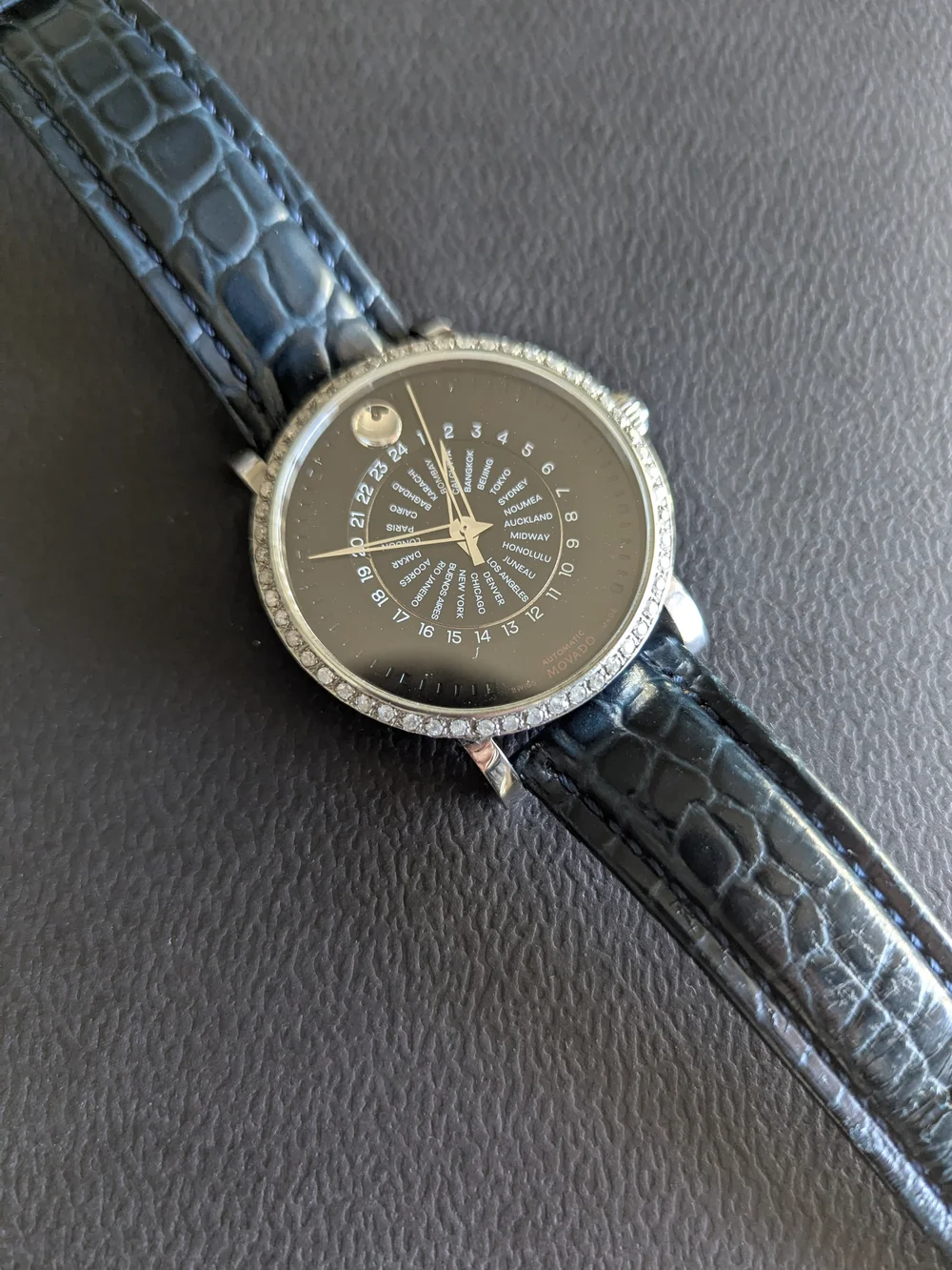 Movado Black Dial World Time Watch with DIAMOND Bezel